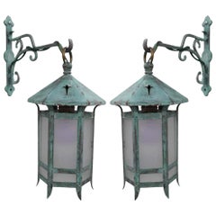 Pair Verdigris Green Patina Wall Mounted Lanterns, France, 1880