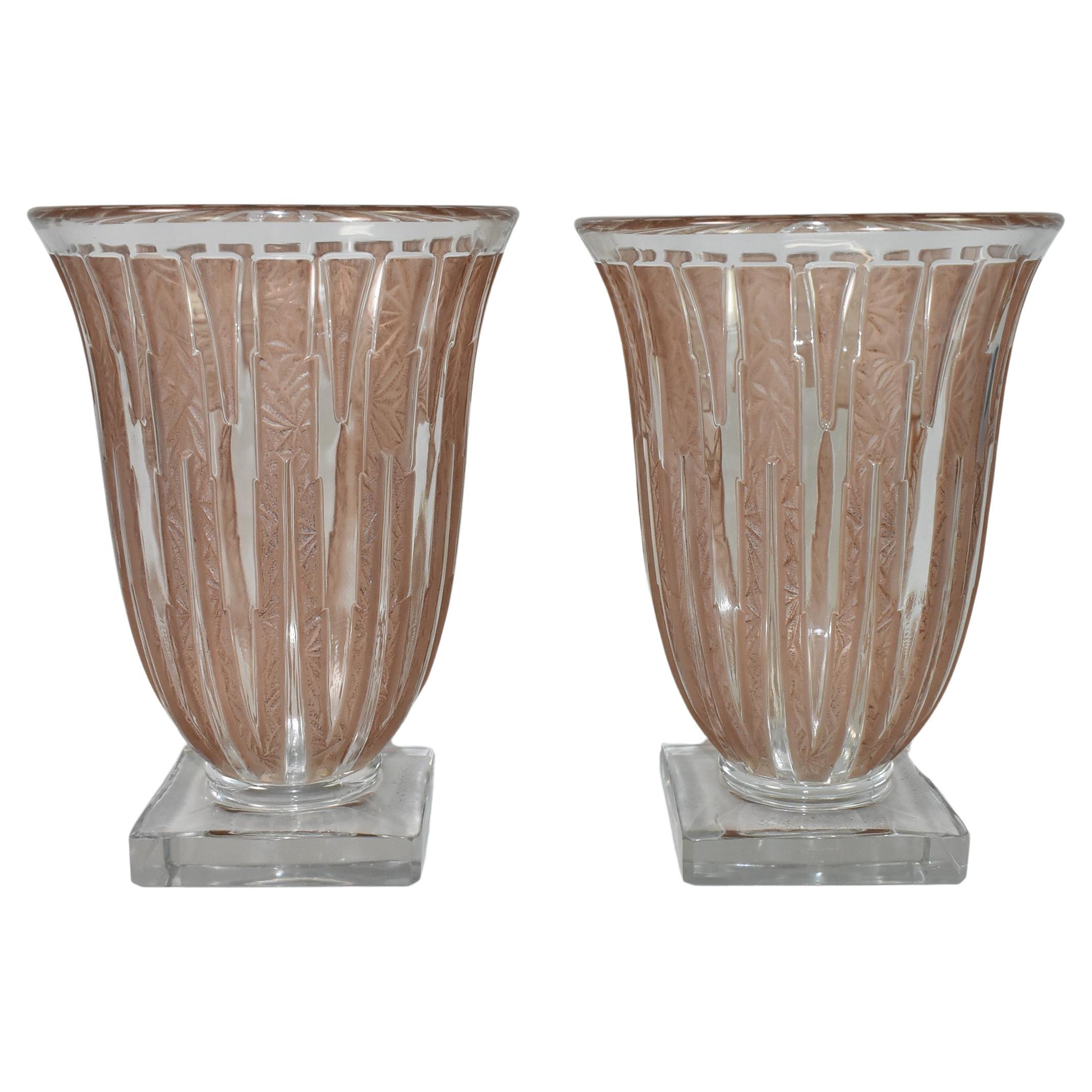 Pair Verlys Art Deco Glass Vases 8" For Sale