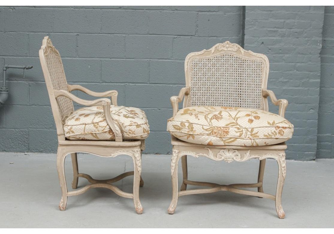 Pair of  Carved Paint Decorated Caned Fauteuils for Restoration For Sale 5