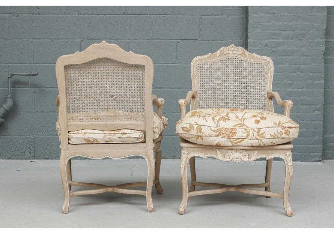 Pair of  Carved Paint Decorated Caned Fauteuils for Restoration For Sale 2