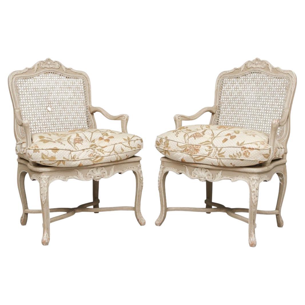 Pair Very Fine Carved Paint Decorated Caned Fauteuils