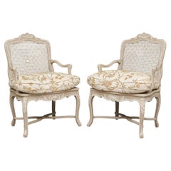 Pair of  Carved Paint Decorated Caned Fauteuils for Restoration