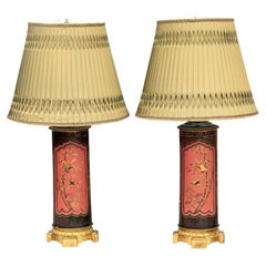 Pair Very Fine Hand Painted Wood & Gilt Bronze Table Lamps