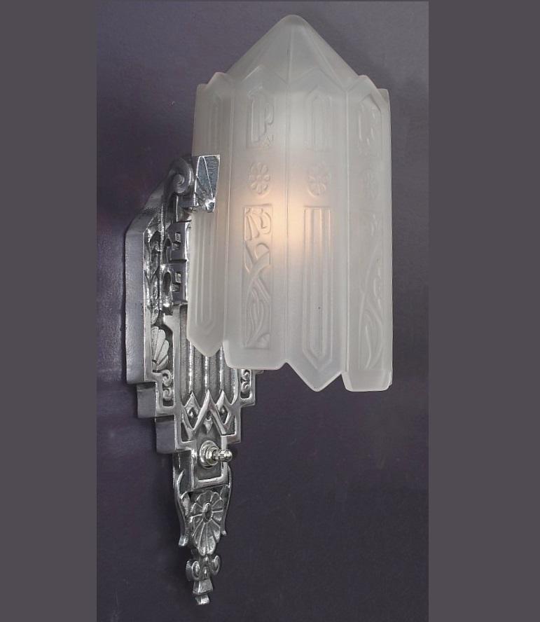 Pair Very High Style Vintage American Art Deco Wall Sconces with Original Glass 2