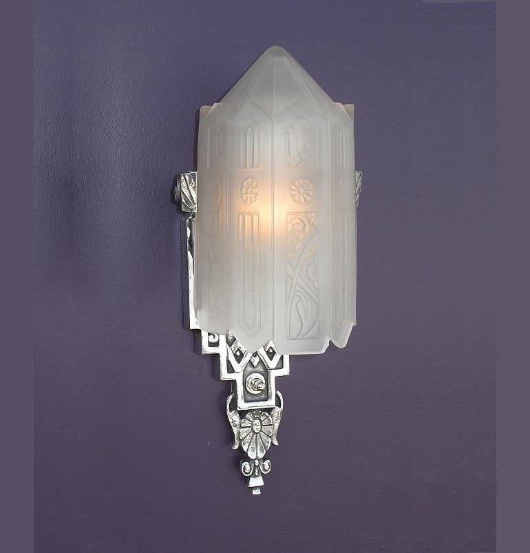 Pair Very High Style Vintage American Art Deco Wall Sconces with Original Glass 3