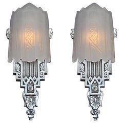Paire d'appliques murales Art Déco américaines vintage de très grand style avec verre d'origine