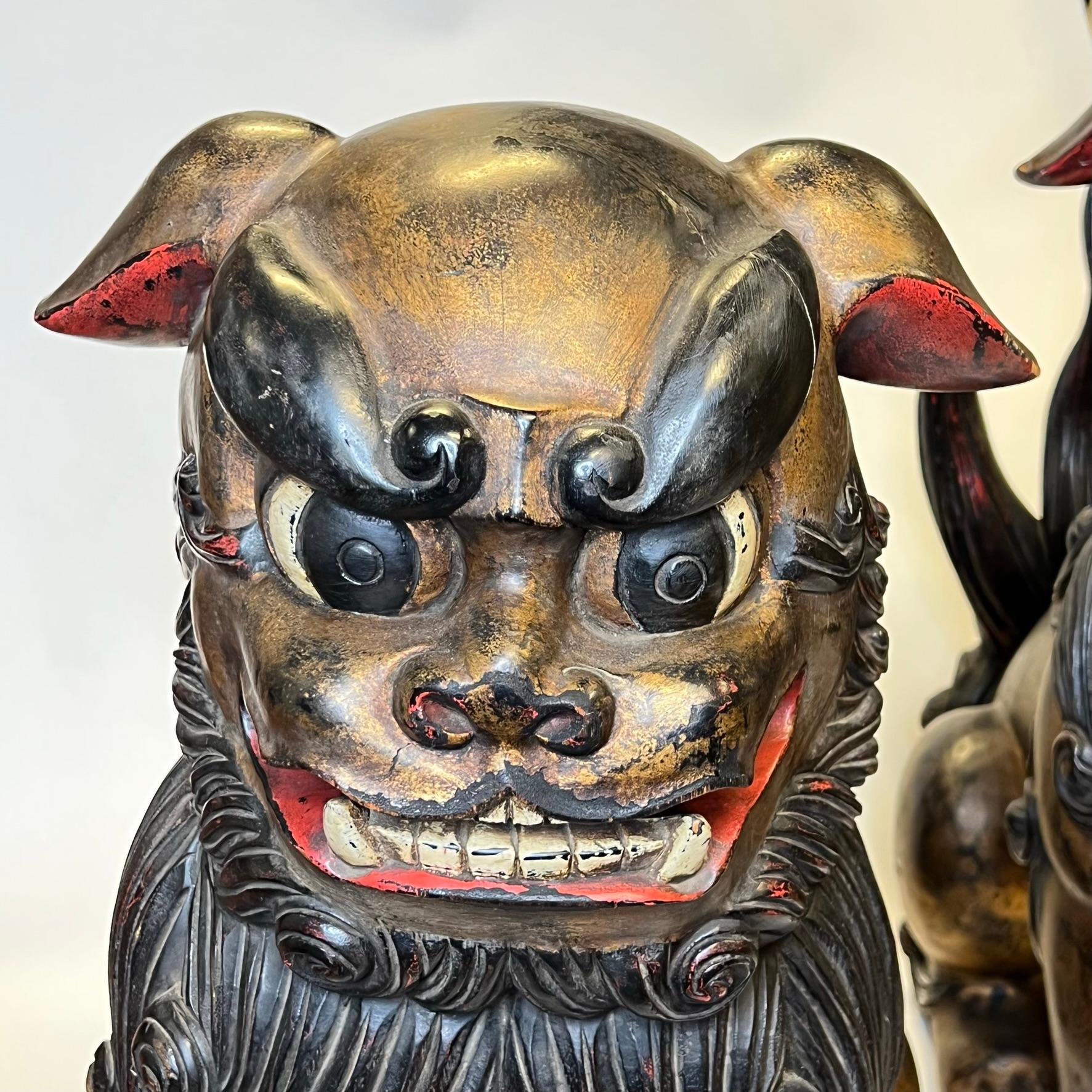Pair Very Large Chinese or Japanese Carved Wooden Fu Lions For Sale 2