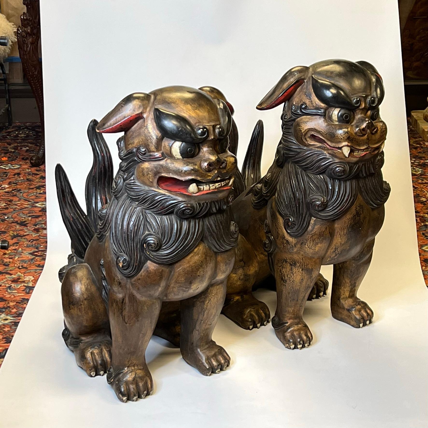 Chinoiserie Pair Very Large Chinese or Japanese Carved Wooden Fu Lions For Sale