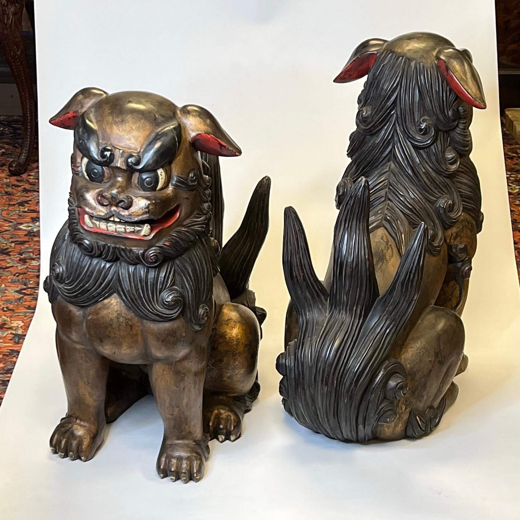 Pair Very Large Chinese or Japanese Carved Wooden Fu Lions In Good Condition For Sale In New York, NY
