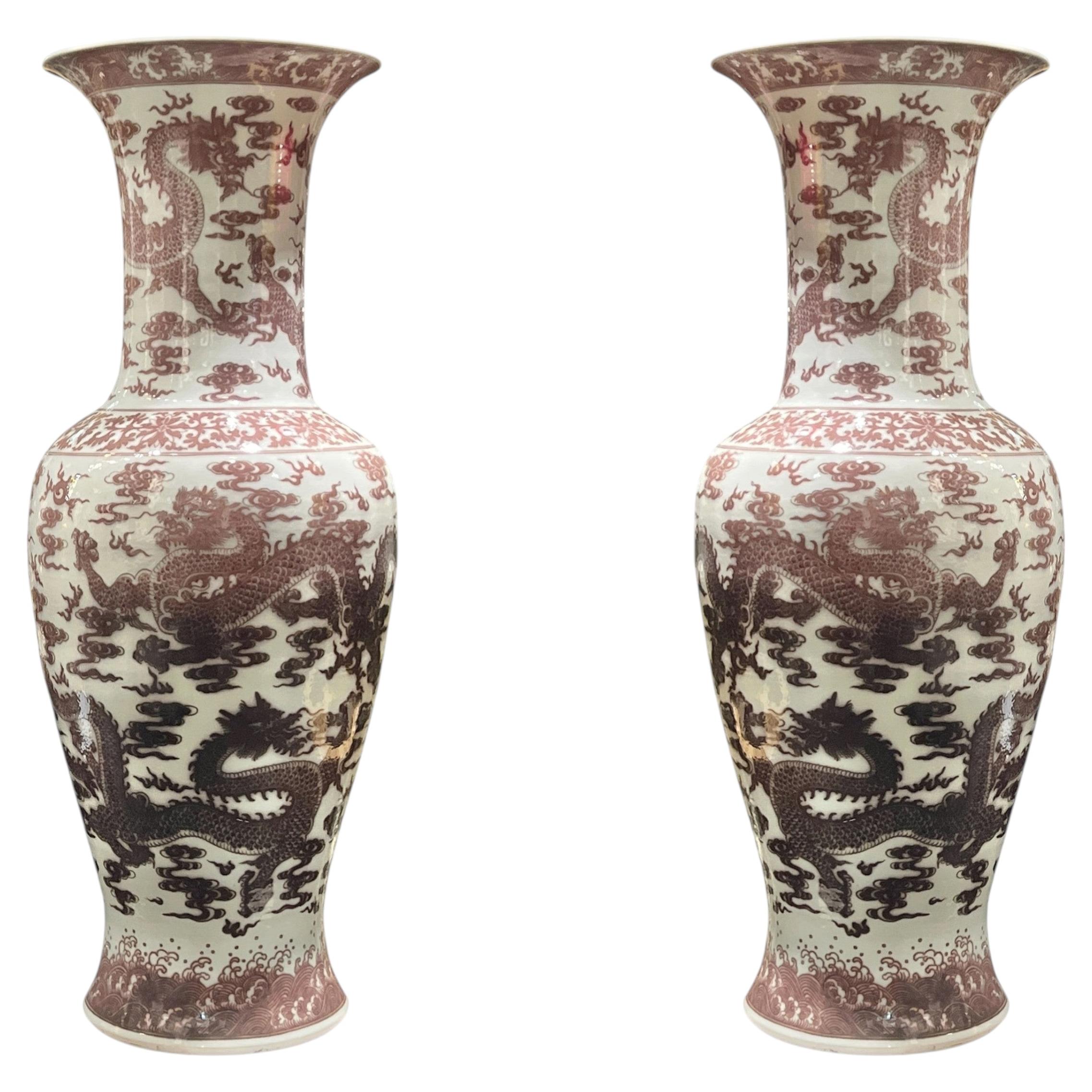 Pair Very Large Chinese Qianlong Style Iron Red Glazed Porcelain Floor Vases