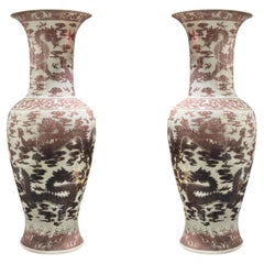 Pair Very Large Chinese Qianlong Style Iron Red Glazed Porcelain Floor Vases