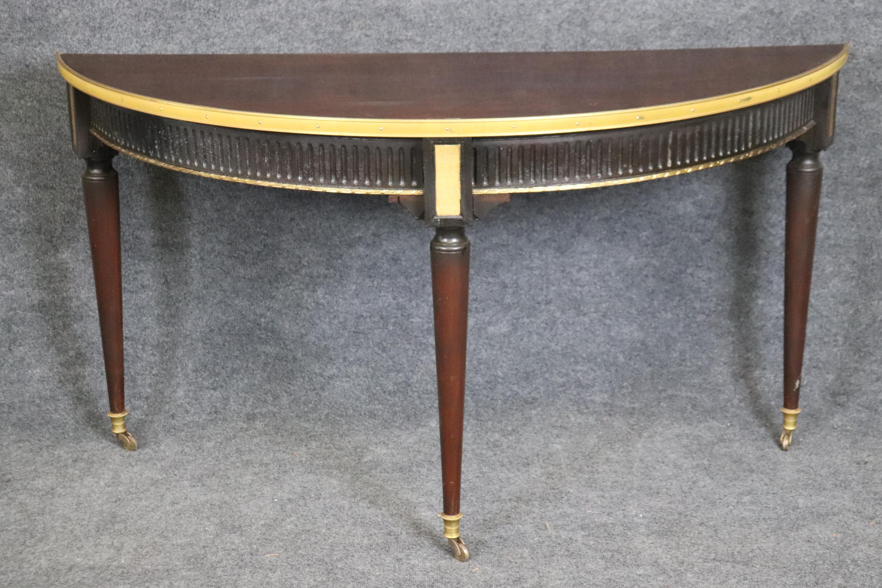 Mid-20th Century Pair Very Large French Directoire Brass Bound Mahogany Demilune Console Tables For Sale