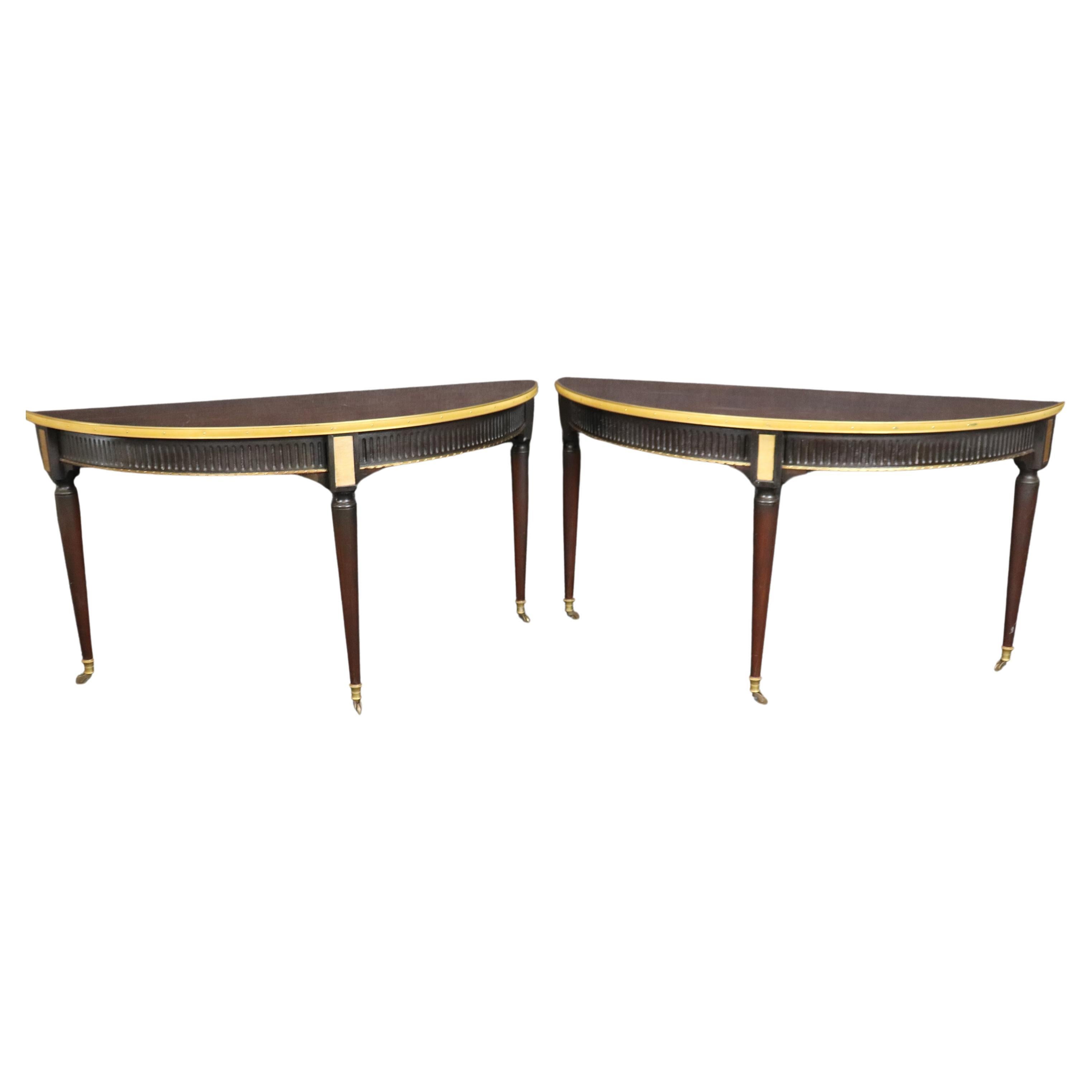 Pair Very Large French Directoire Brass Bound Mahogany Demilune Console Tables For Sale