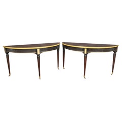 Pair Very Large French Directoire Brass Bound Mahogany Demilune Console Tables