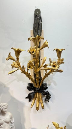 Pair Very Large French Patinated and Gilt Bronze Three-Light Wall Lights