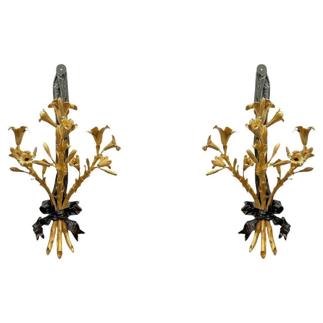 Pair Very Large French Patinated and Gilt Bronze Three-Light Wall Lights