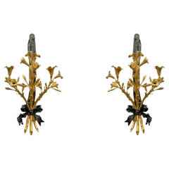 Pair Very Large French Patinated and Gilt Bronze Three-Light Wall Lights