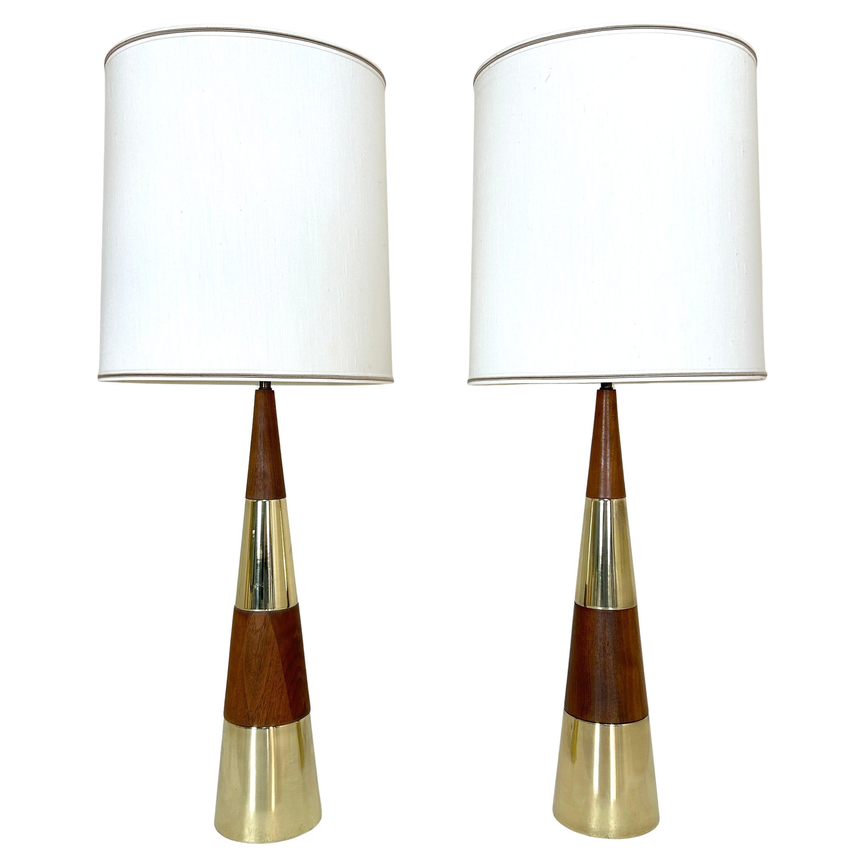 Pair Very Large Tony Paul stacked Walnut and Brass Table Lamps