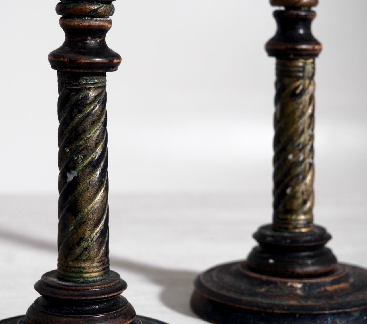 19th Century Pair Very Rare of Swedish Candlesticks in Carved Wood, circa 1800-1830 For Sale