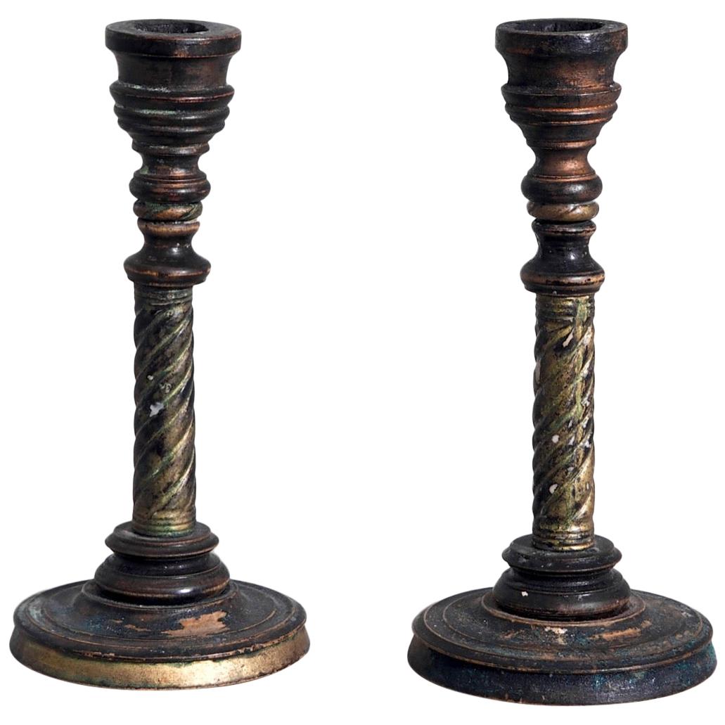 Pair Very Rare of Swedish Candlesticks in Carved Wood, circa 1800-1830