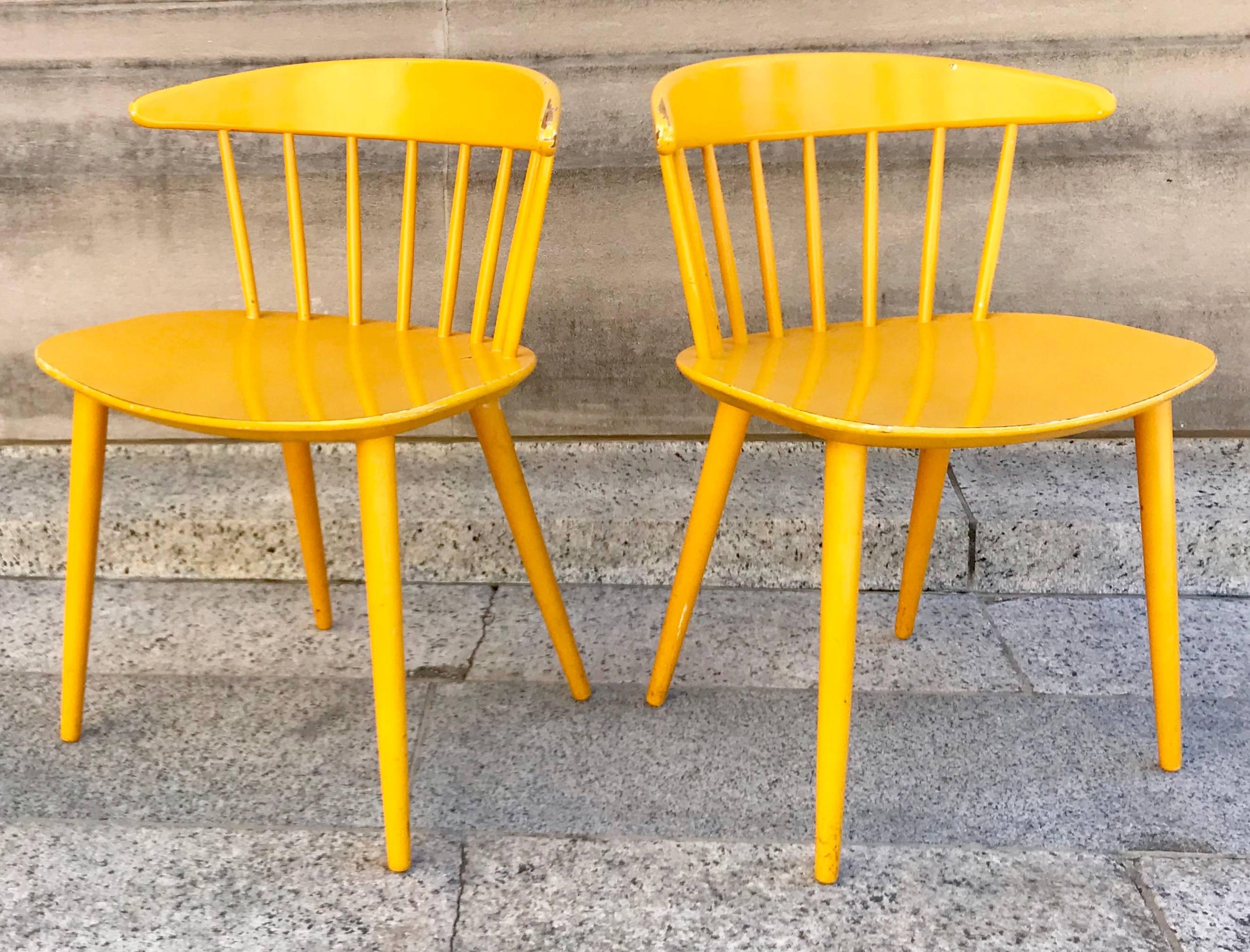 Pair Vibrant 1950s Ejvind Johansson Painted Yellow Danish Modern Painted Chairs 1