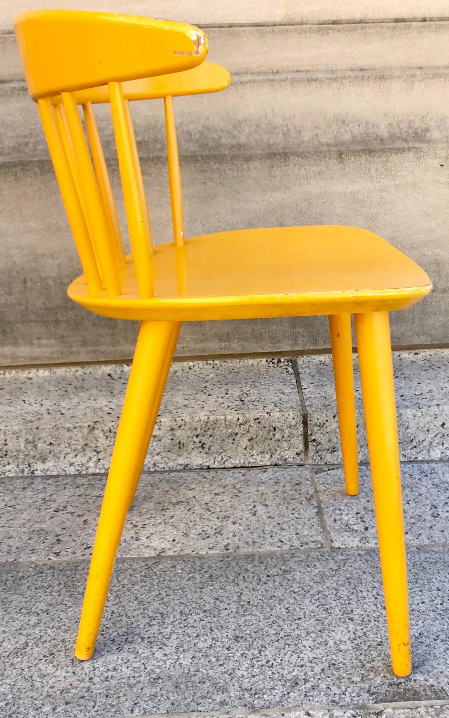 Pair Vibrant 1950s Ejvind Johansson Painted Yellow Danish Modern Painted Chairs 2