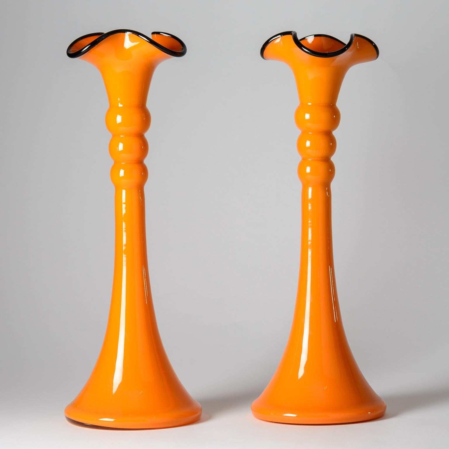 Blown Glass Pair Vibrant Orange Shaped Edge Vases, Blown With Black Lip. Vintage Czech