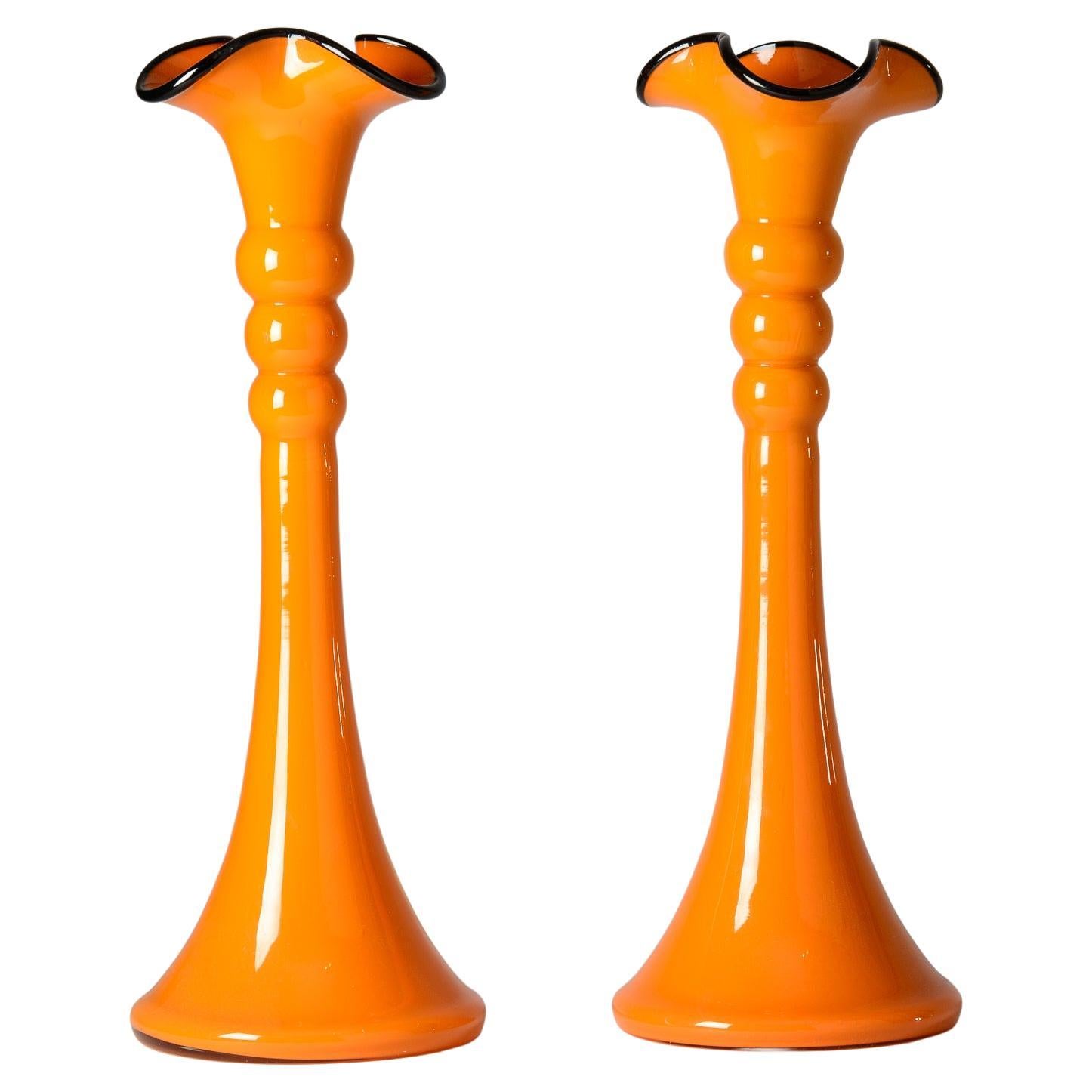 Pair Vibrant Orange Shaped Edge Vases, Blown With Black Lip. Vintage Czech