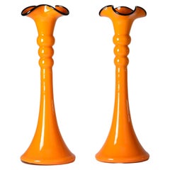 Pair Vibrant Orange Shaped Edge Vases, Blown With Black Lip. Vintage Czech