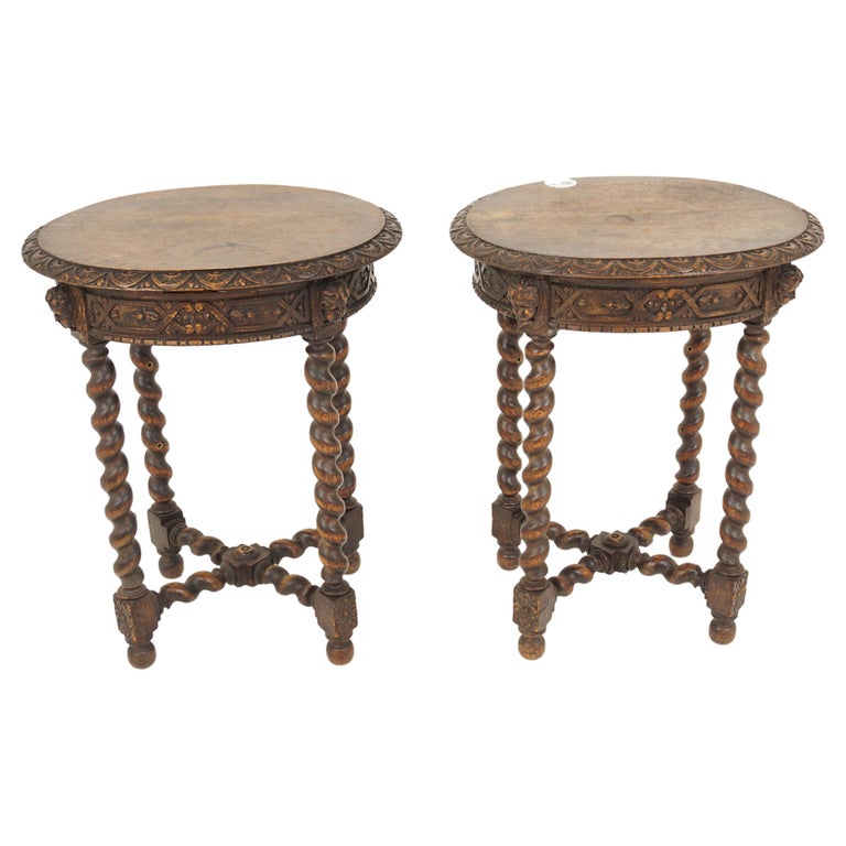 Pair Vic. Carved Oak Barley Twist, Nightstands, Lamp Tables, Scotland