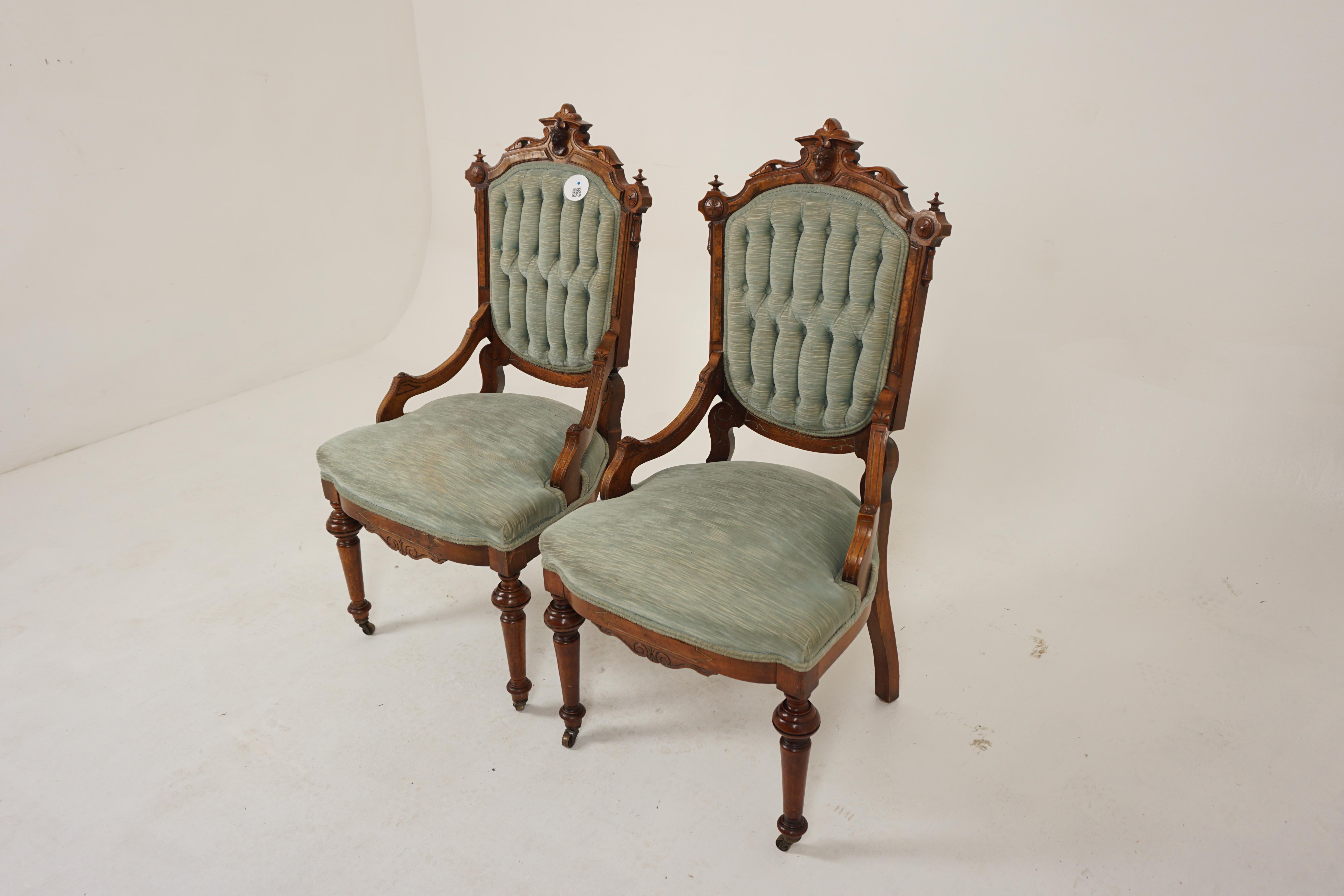 Pair of Victorian Walnut Upholstered East Lake Parlour chairs, Side Chairs, American 1880, H911 

American 1880 
Solid walnut 
Original finish 
Heavily carved top rail 
With card supports on the ends with finials to the top 
Button back,