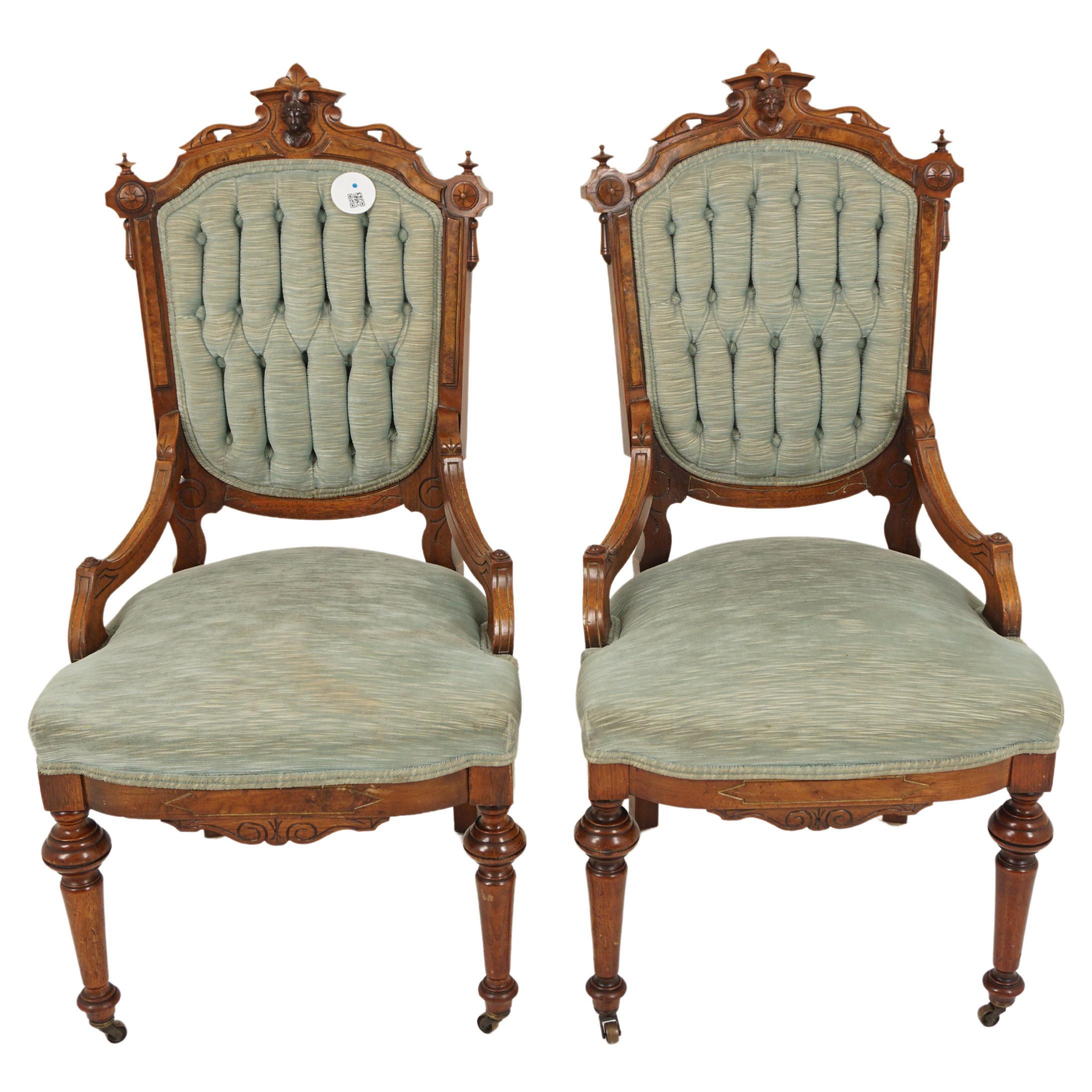 Pair Vic. Walnut Upholstered East Lake Parlour/Side Chairs, American 1880 For Sale