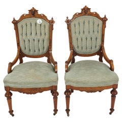Used Pair Vic. Walnut Upholstered East Lake Parlour/Side Chairs, American 1880