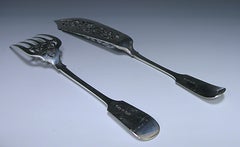 Pair of Victorian Antique Silver Fiddle Pattern Fish Servers