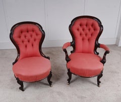 Pair Victorian Balloon Back Armchair Side Chair His and Hers Parlour Salon