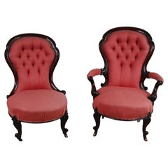 Pair Victorian Balloon Back Armchair Side Chair His and Hers Parlour Salon