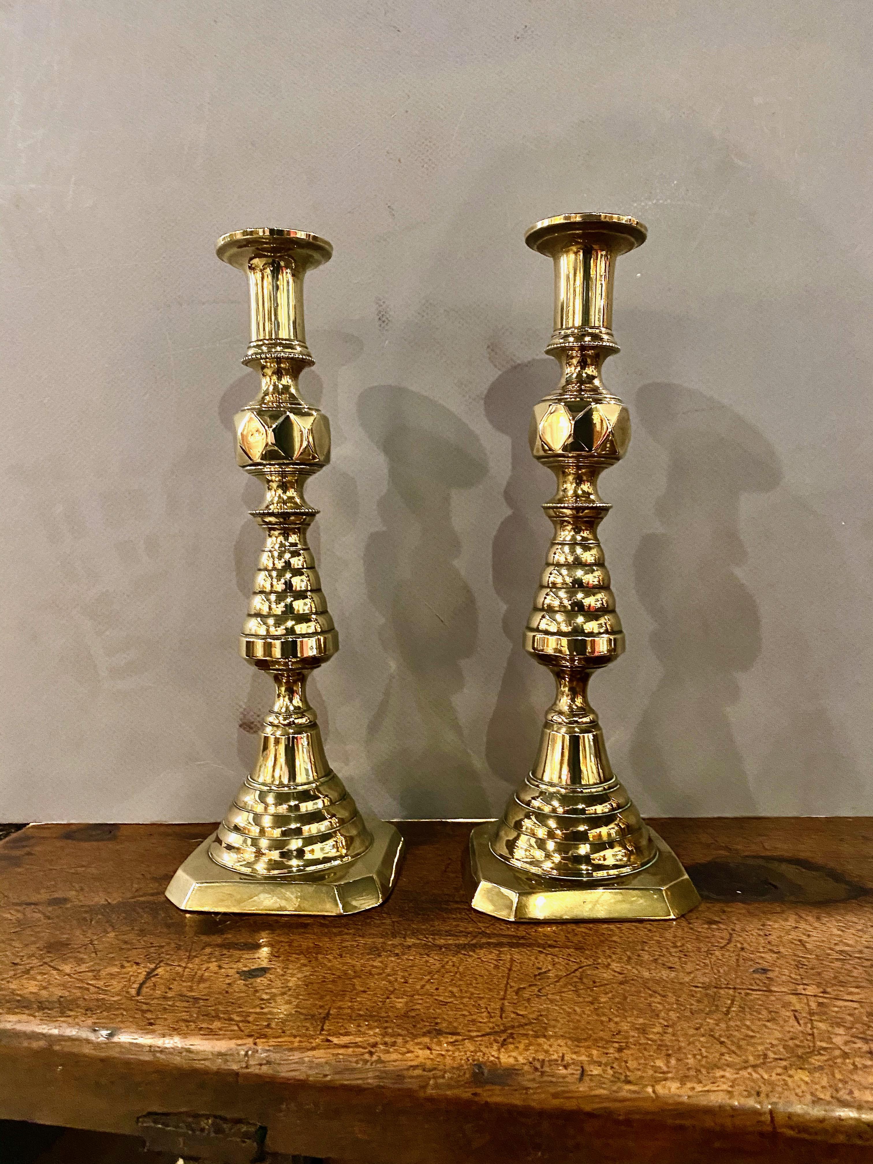English Pair Victorian Brass Beehive and Diamond Candlesticks