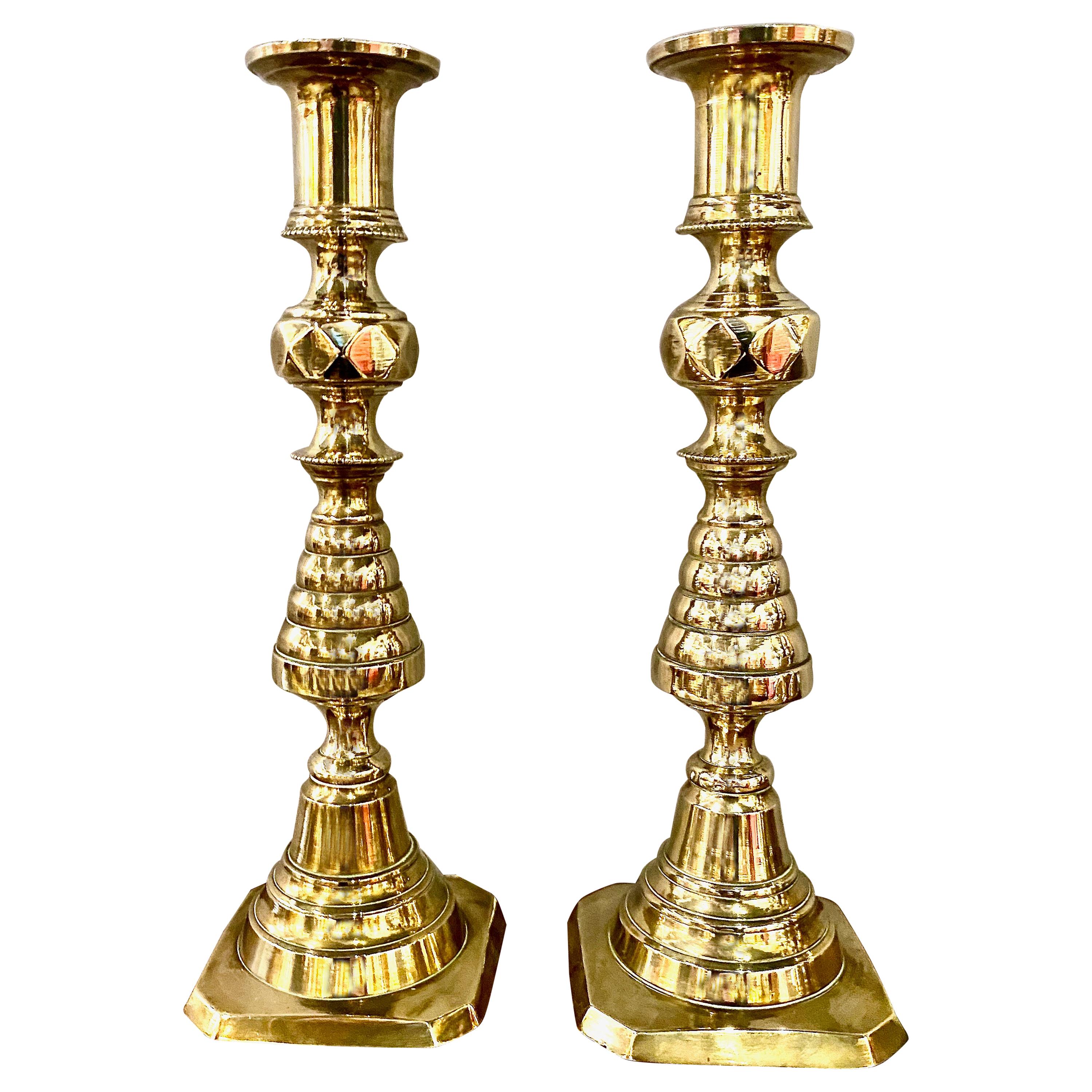 Pair Victorian Beehive and Diamond Brass Candlesticks