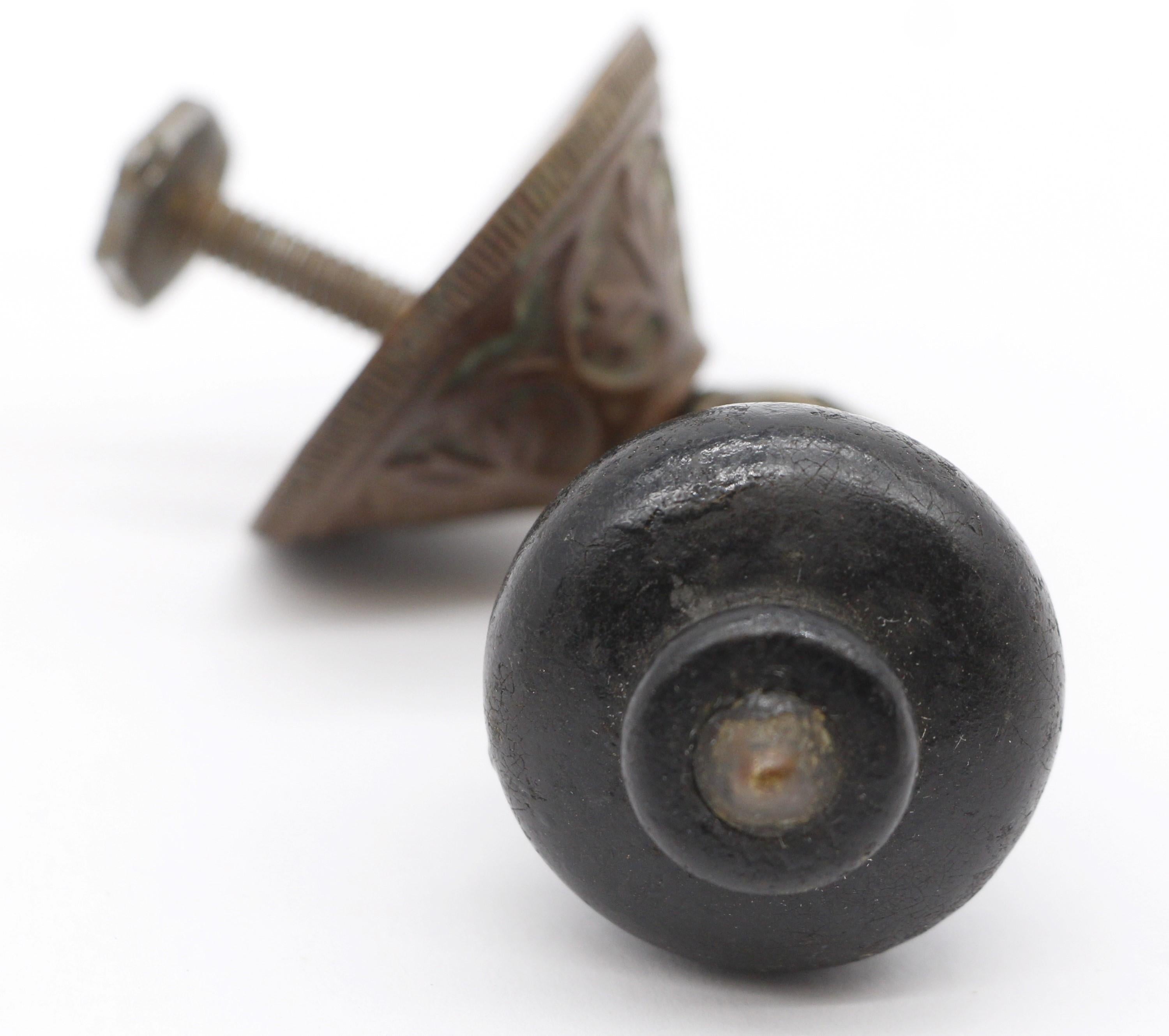 American Pair Victorian Brass Black Wood Tear Drop Drawer Pulls
