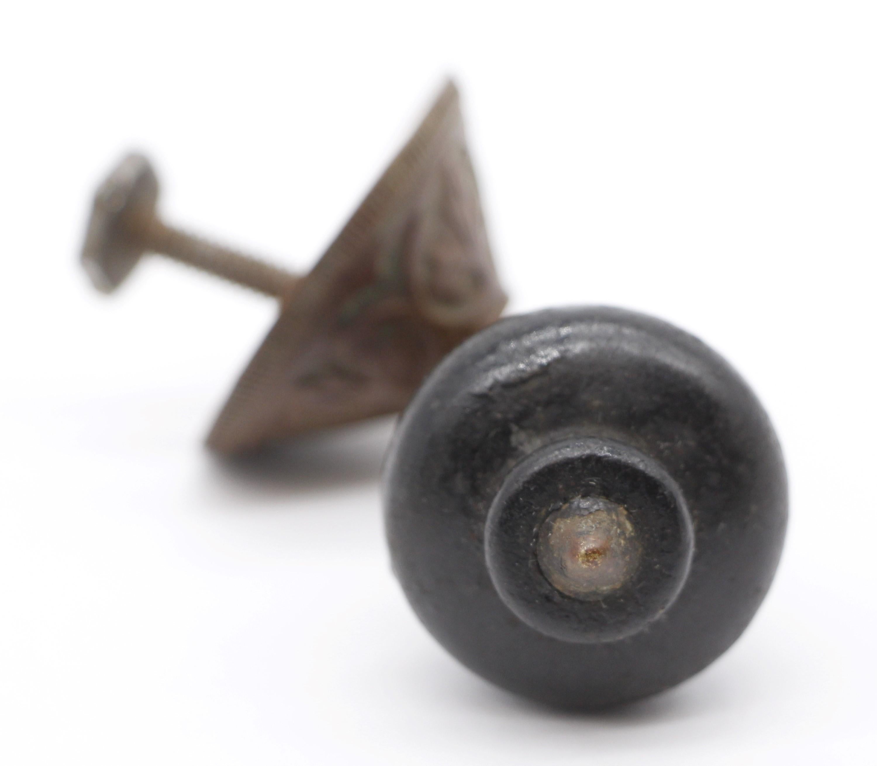 Pair Victorian Brass Black Wood Tear Drop Drawer Pulls In Good Condition In New York, NY