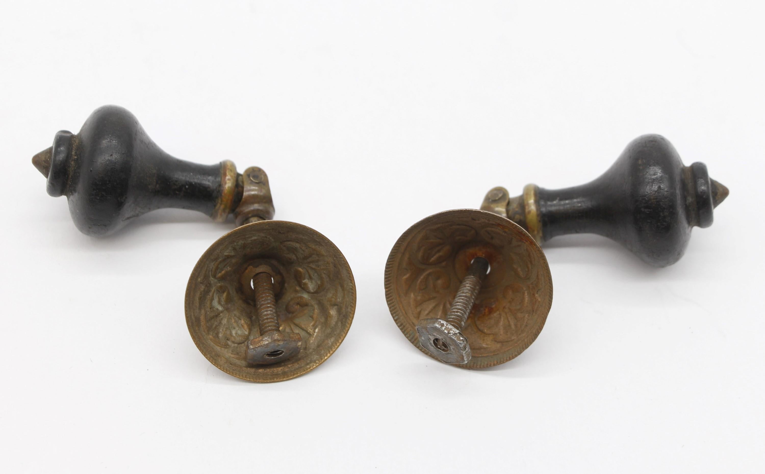 Late 19th Century Pair Victorian Brass Black Wood Tear Drop Drawer Pulls