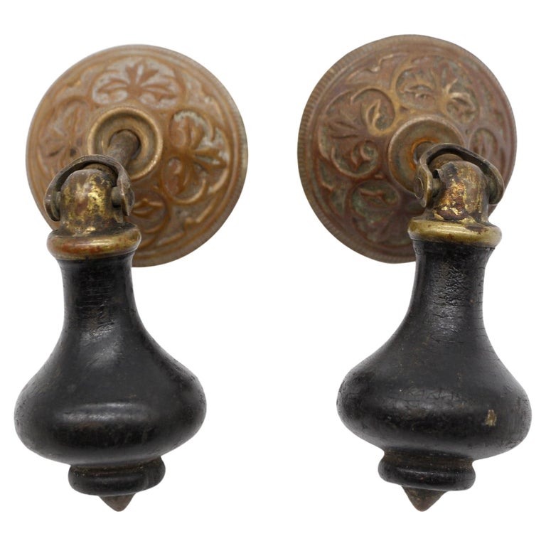Pair Victorian Brass Black Wood Tear Drop Drawer Pulls For Sale at 1stDibs