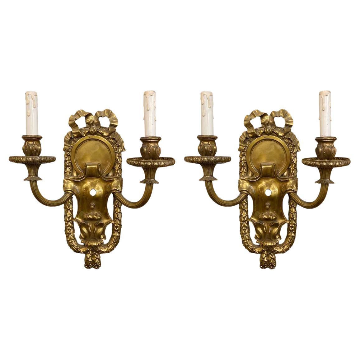 Pair Victorian Bronze Ribbon 2 Arm Wall Sconces E.F Caldwell 