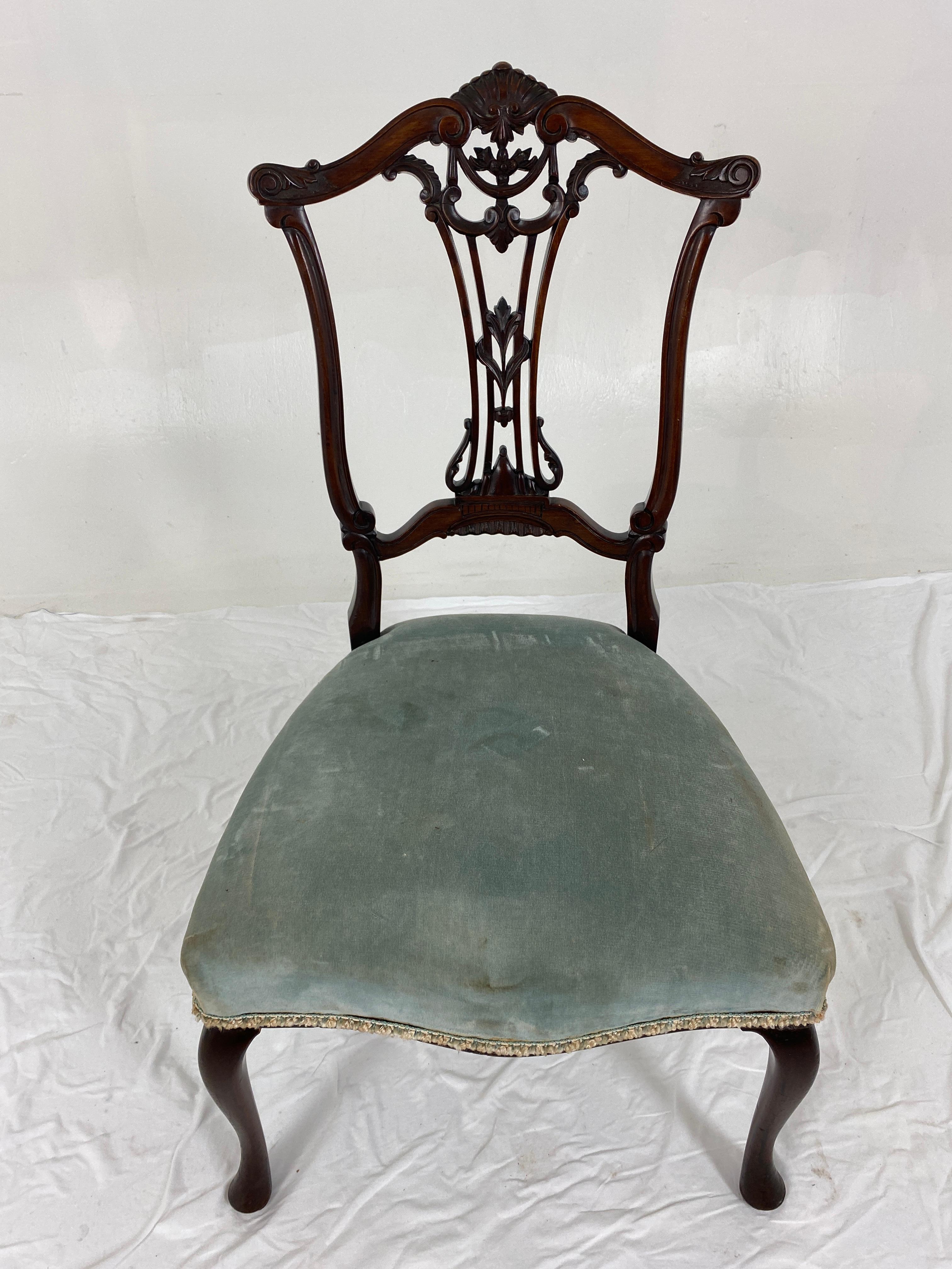 Late 19th Century Pair Victorian Carved Walnut Nursing Chair Upholstered Seat, Scotland 1890, H766 For Sale