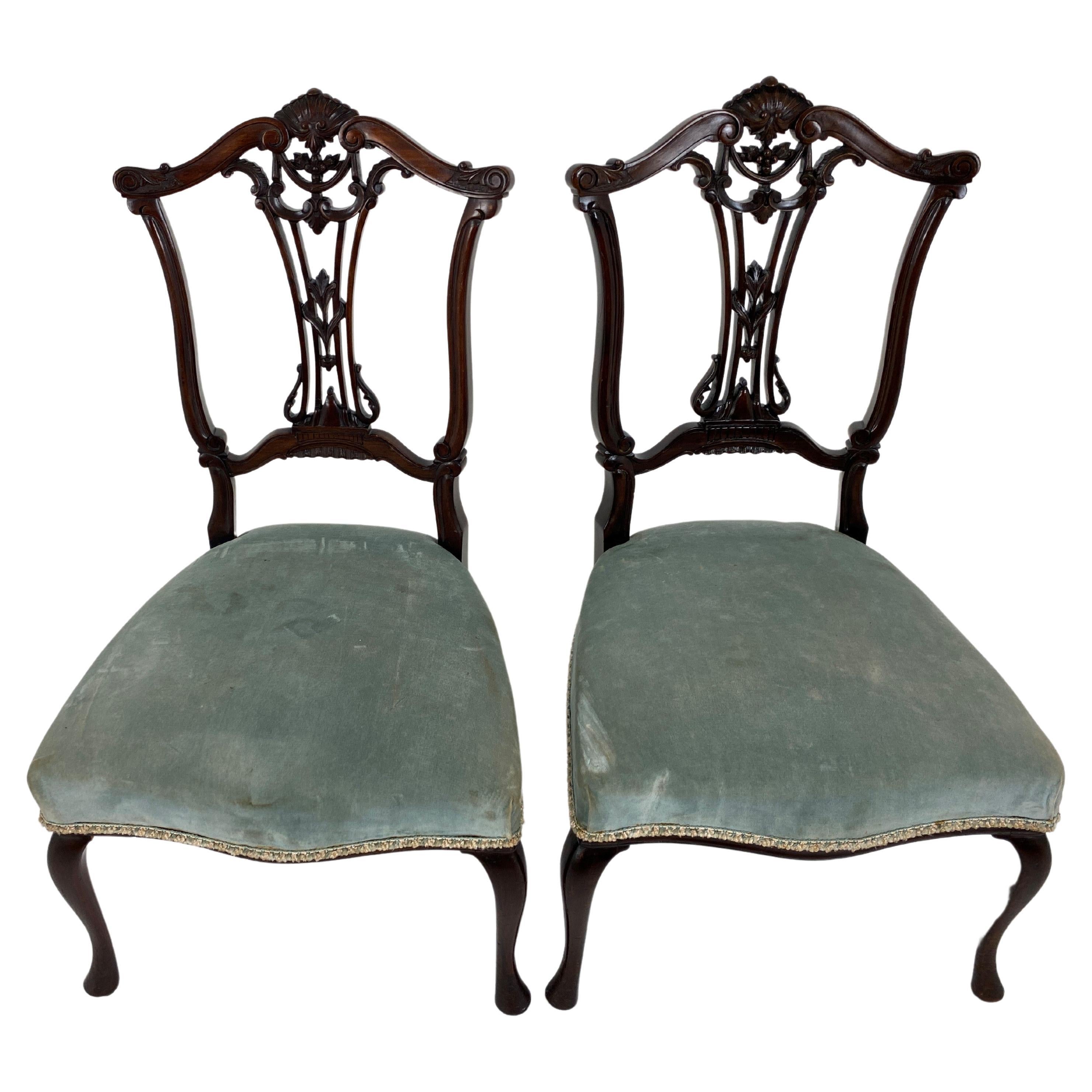 Pair Victorian Carved Walnut Nursing Chair Upholstered Seat, Scotland 1890, H766