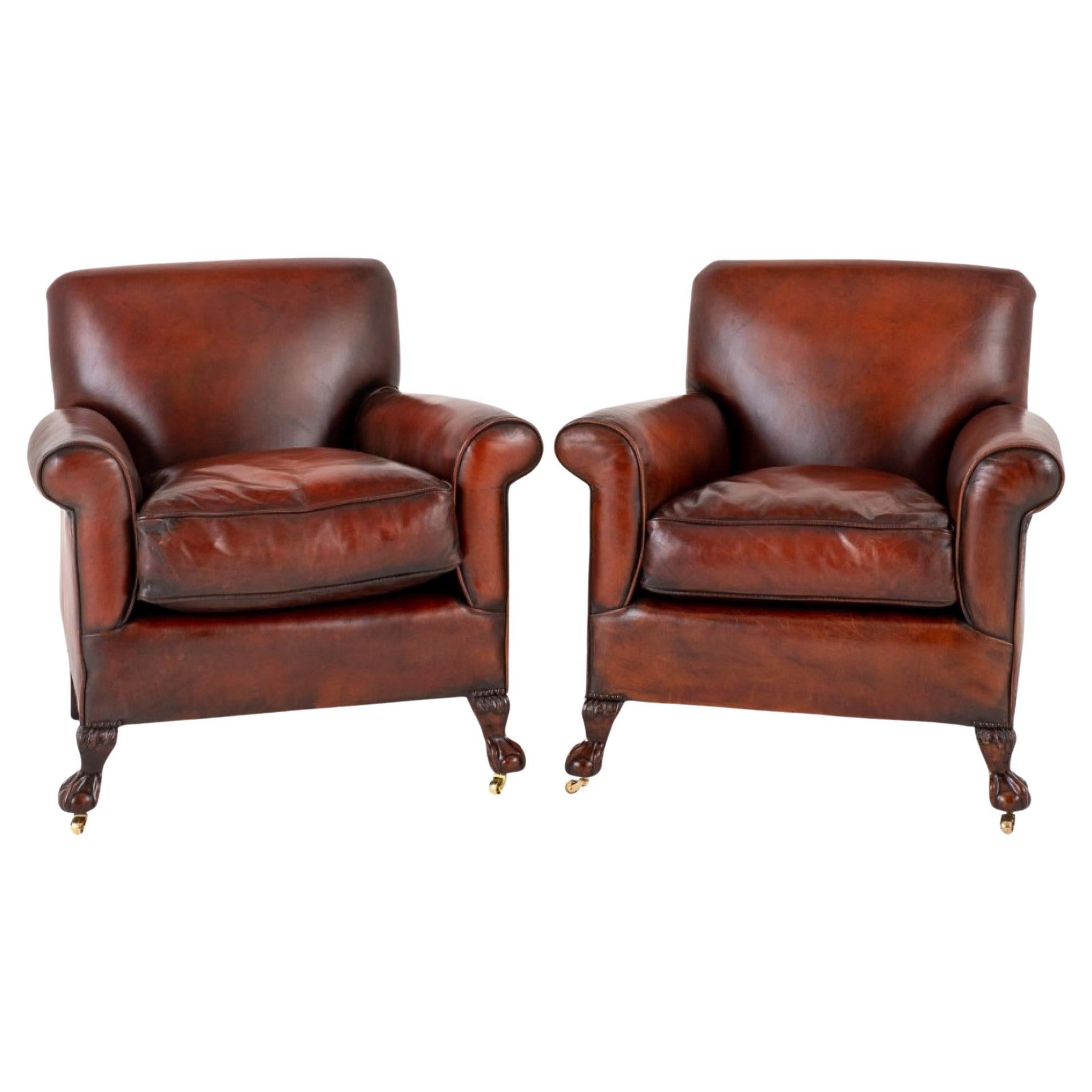 Pair Victorian Club Chairs Leather Armchair, 1890