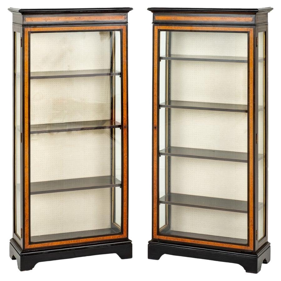 Pair Victorian Display Cabinets Ebonized Antique 1860 For Sale