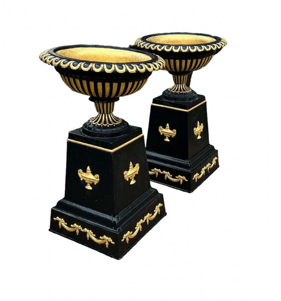 Pair Victorian Garden Urns Cast Iron Planters Pedestal Stands In Good Condition For Sale In Potters Bar, GB