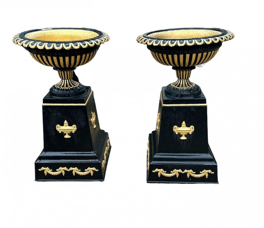Late 20th Century Pair Victorian Garden Urns Cast Iron Planters Pedestal Stands