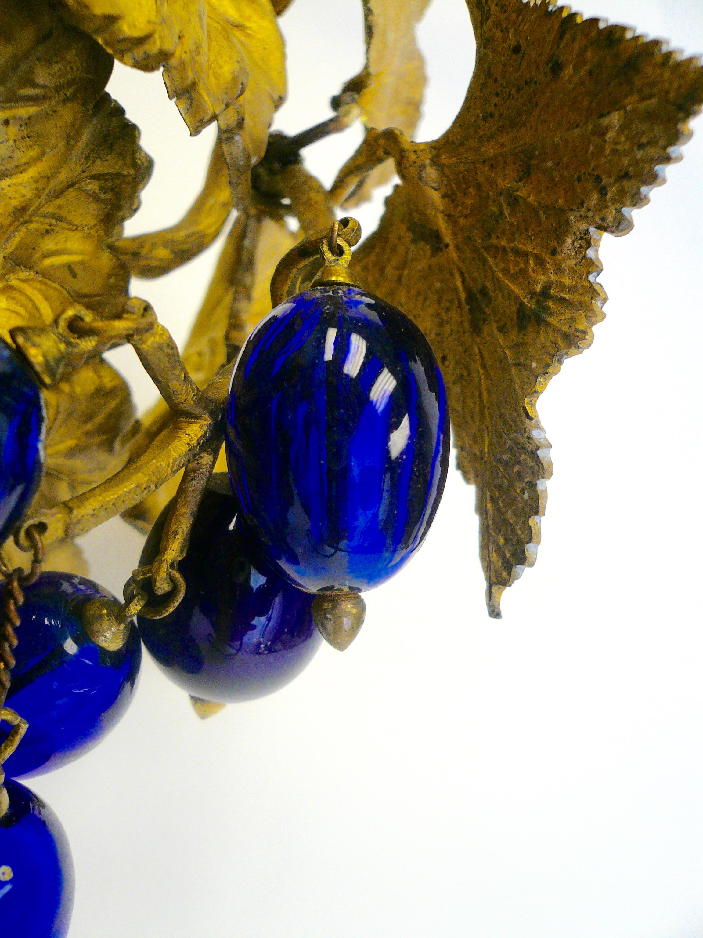 Victorian Gilt Brass Curtain Tiebacks with Cobalt Blue Blown Glass Grapes, Pair 4